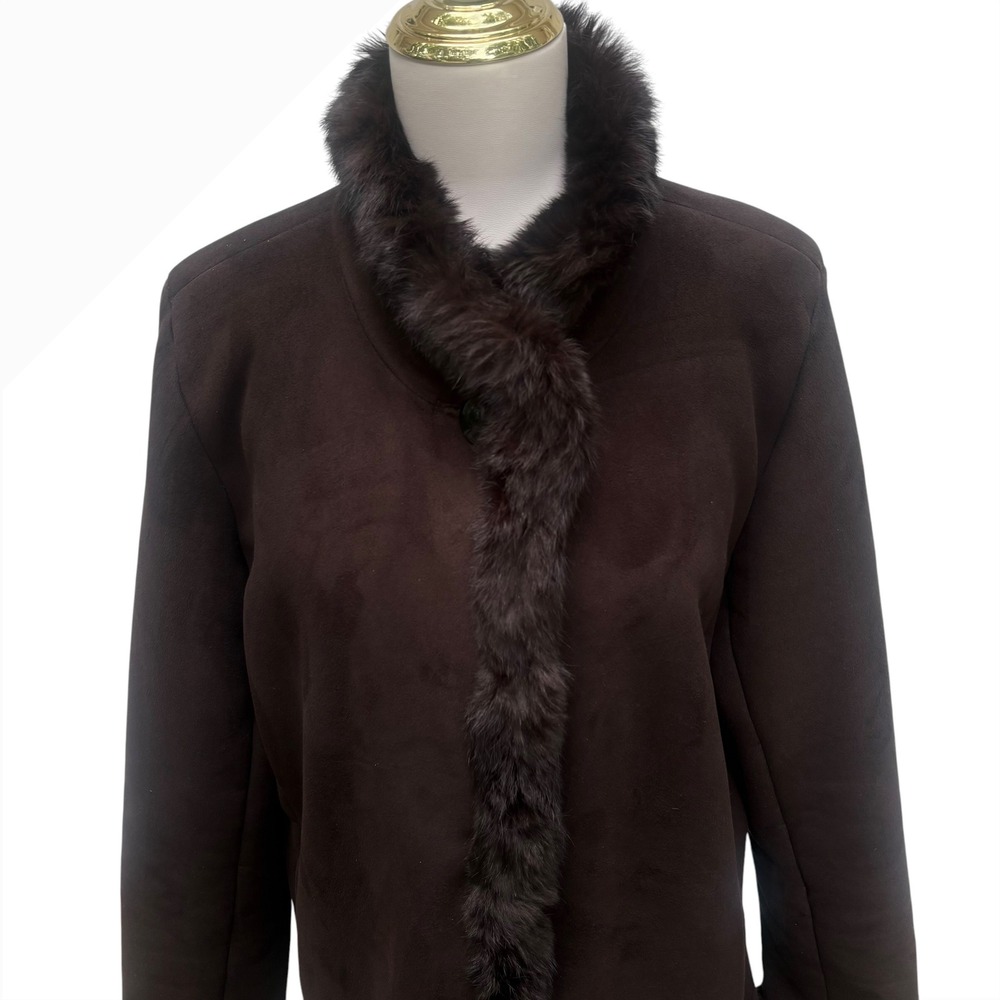 Dana Buchman Faux Suede Coat L Brown Genuine Fur Trim Winter Jacket Luxe Elegant - Picture 3 of 15